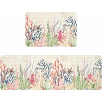 Kitchen Rugs and Mats,Ocean Coral Summer Coastal 2 Piece Anti Fatigue Area Runner Rug Set Comfort Standing Floor Mat,Nautical Shell Retro Stamp Non Slip Absorbent Doormats for Laundry/Bathroom