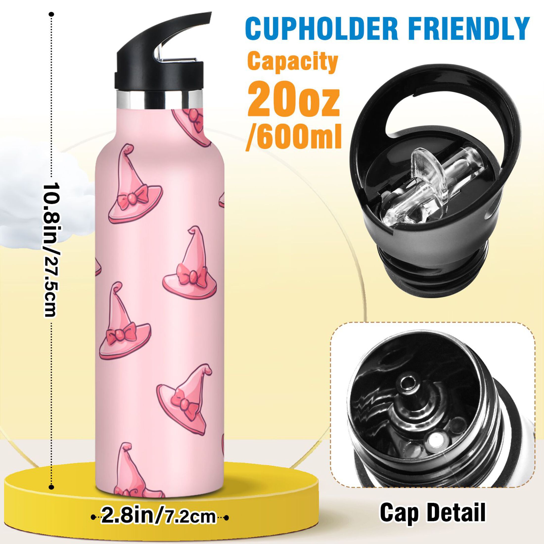 Kids Insulated Stainless Steel Sports Water Bottle 600ml (20oz) Pink Cartoon Witch Hats