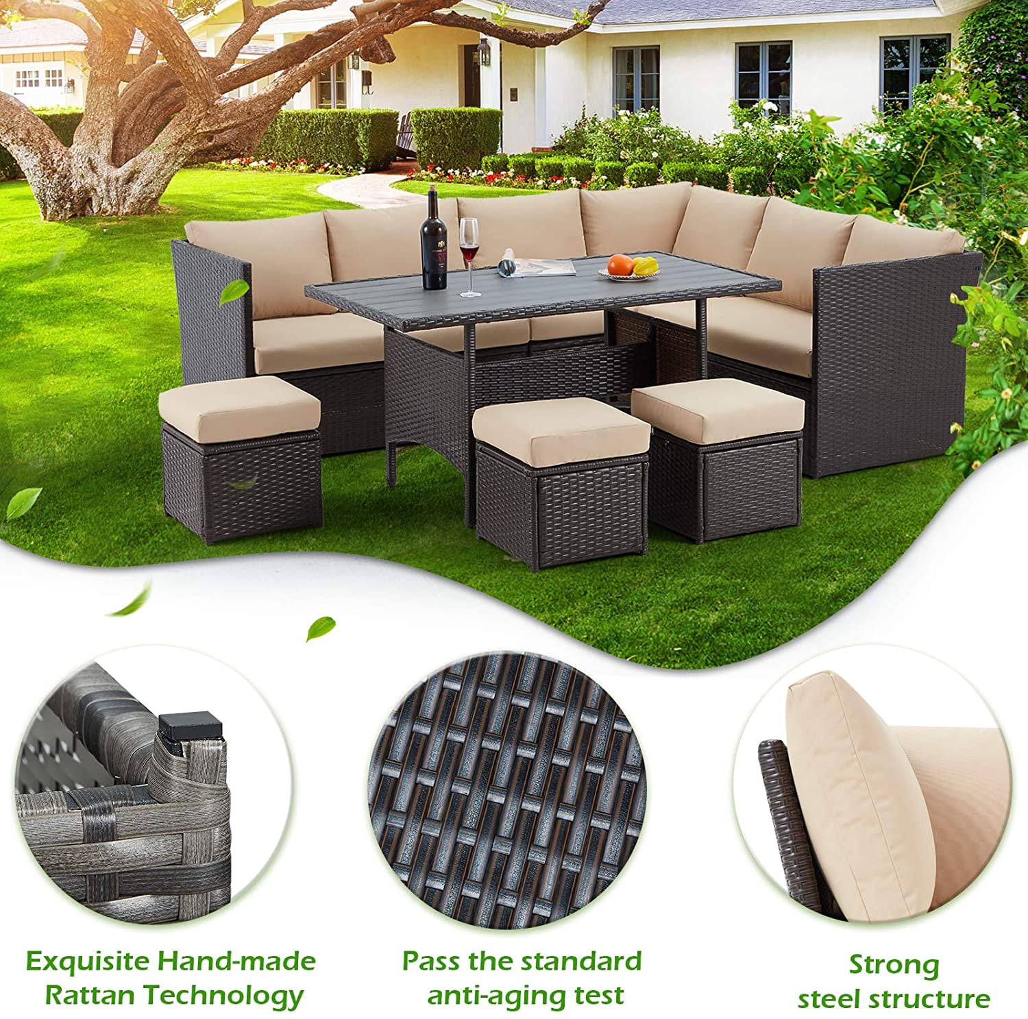 AECOJOY 7 Pieces Outdoor Rattan Sectional Sofa Couch with Dining Table and Protection Cover - Beige
