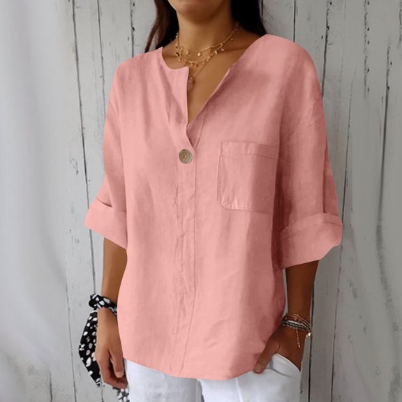 2026 Women's V-Neck 3/4 Roll-Up Sleeve Summer Casual Loose Solid Blouses Womens Cotton Linen Shirt Top Tunic Tops with Button Pink S