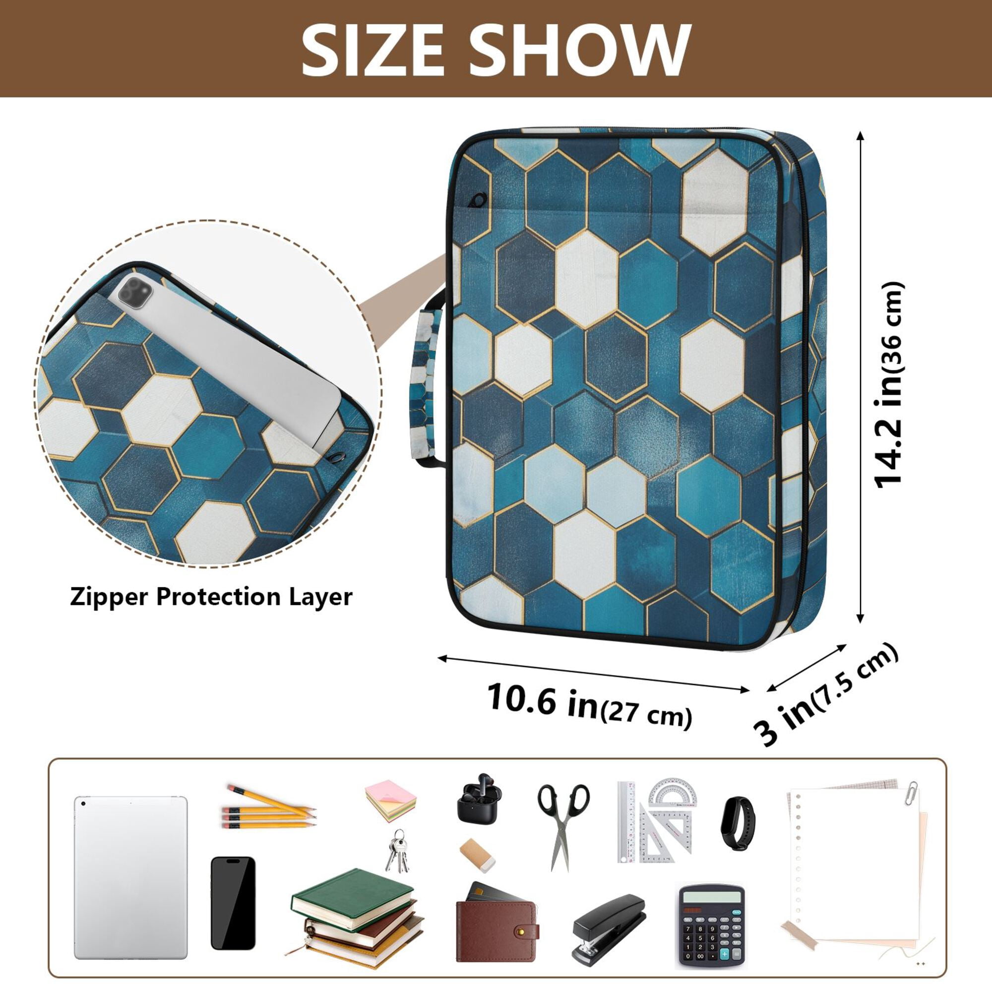 FORMRS Accordion File Folder A4 Size 7-Pocket Expanding Document Organizer Bag with 3 Ring Binder, Dark Blue Hexagon Patterns