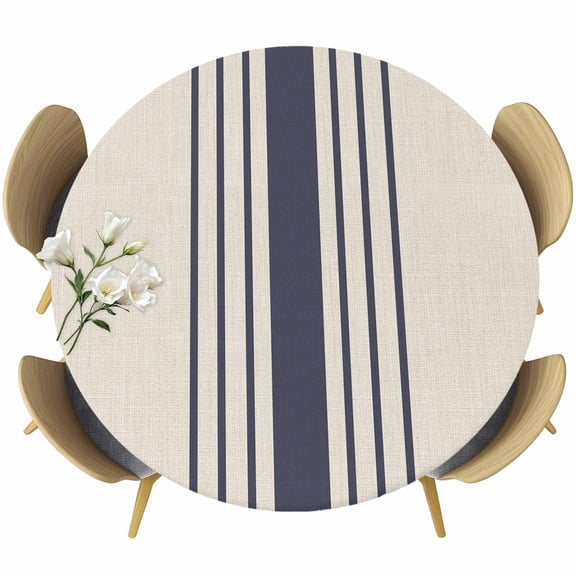 Midnight Blue Striped Round Tablecloth 36-44 Inch Round Fitted Table Cloth with Elastic Edge, Beige Geometric Modern Art Waterproof Table Cover Protector for Outdoor Picnic Party Dining