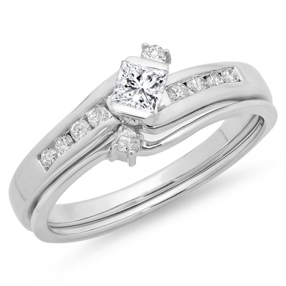 Dazzlingrock Collection 0.60 Carat (ctw) 14K Princess & Round Cut Diamond Bridal Swirl Engagement Ring Set, White Gold, Size 9