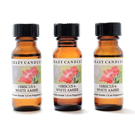 Crazy Candles Hibiscus & White Amber 3 Bottles 1/2 Fl Oz Each (15ml) Premium Grade Scented Fragrance Oil (Tropical Hibiscus Jasmine Mango Amber Sandalwood)