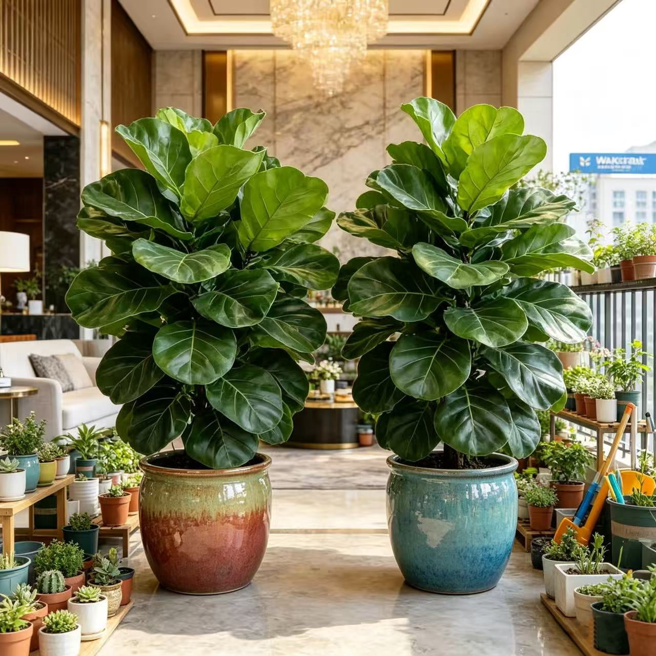 32 Inch Artificial Fiddle Leaf Fig Tree 2 Pcs - Realistic Faux Tropical Tree with Large Leaves, UV Resistant Fake Plant for Living Room, Office, Home Decor (No Pot)