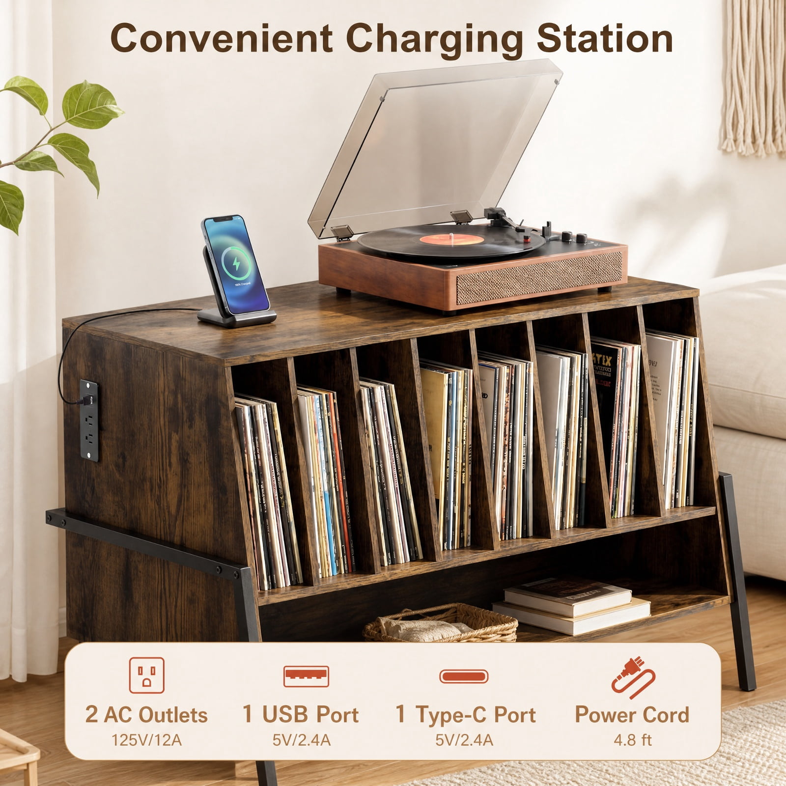 Furnibear Turntable Stand with Charging Station Vinyl Storage Shelves and Locking Wheels for Living Room Record Player Setup, Rustic Brown