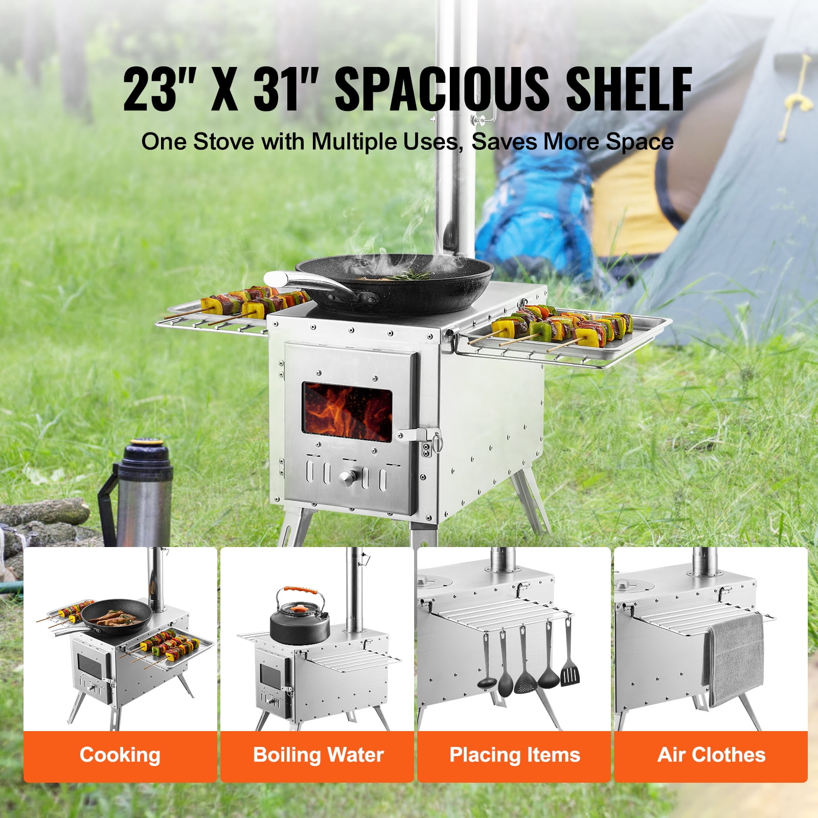 VEVOR Wood Stove, 86 inch, Stainless Steel Camping Tent Stove, Portable Wood Burning Stove with Chimney Pipes & Gloves, 1646in³Firebox Hot Tent Stove for Outdoor Cooking and Heating with 8 Pipes