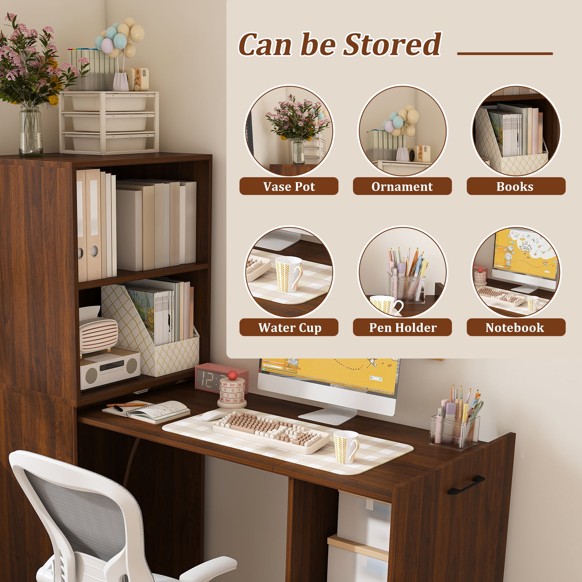 Mintazer Expandable Retractable Desk with Adjustable Open Shelves & Storage, Multi‑Mode Folding Desk Cabinet with Lockable Mobile Wheels for Small Apartment Dorm Home Office, Walnut