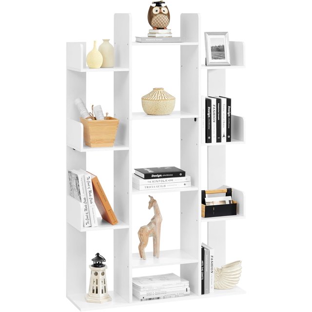 Tree-shaped bookshelf, a bookcase with 13 compartments, storage cabinet, dimensions 25 x 86 x 140 cm, natural wood color