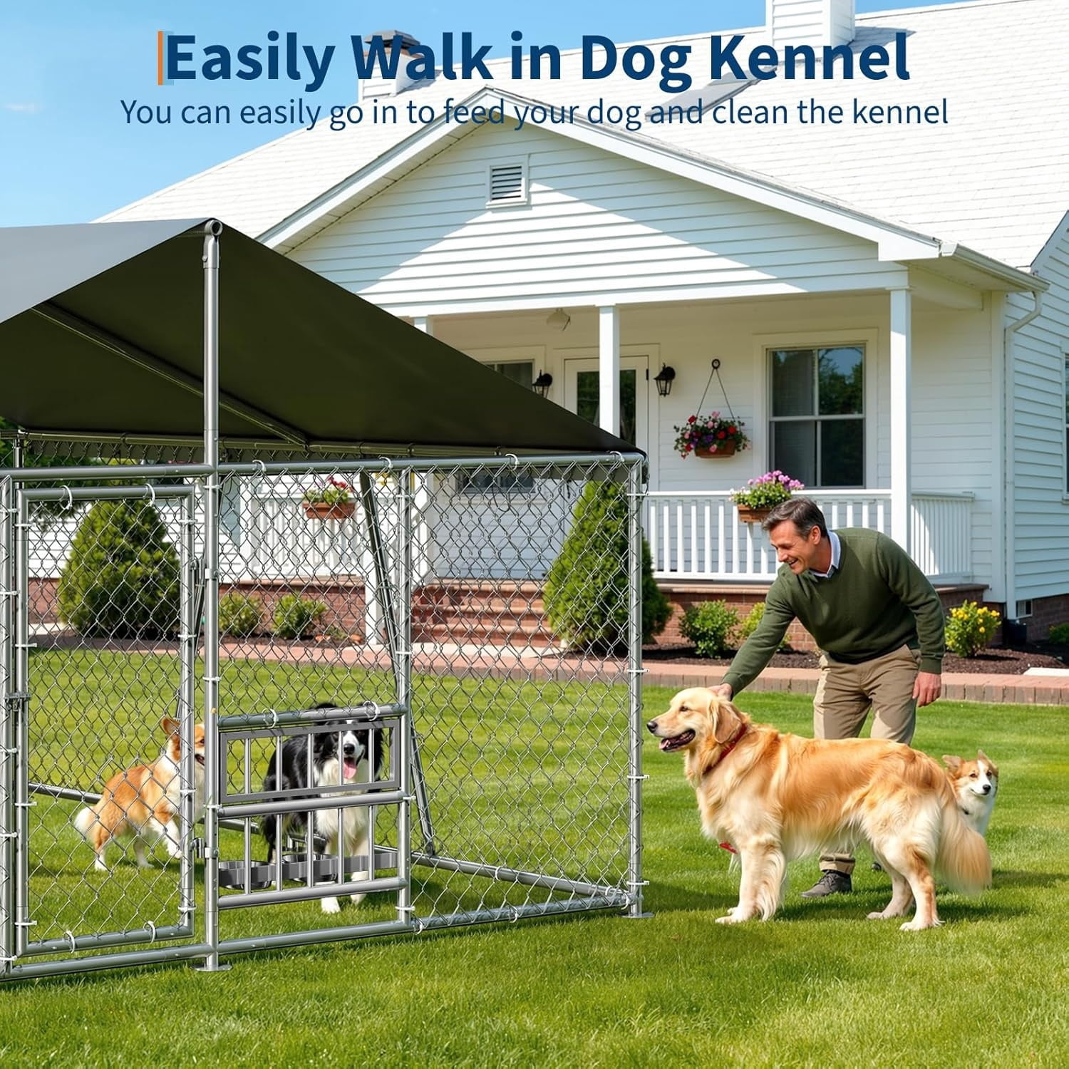 10×10×5.9 FT Home Large Metal Outdoor Dog Kennel, Metal Wire Dog Enclosure with Waterproof Roof & Adjustable Bowls Feeder for Backyard Farm