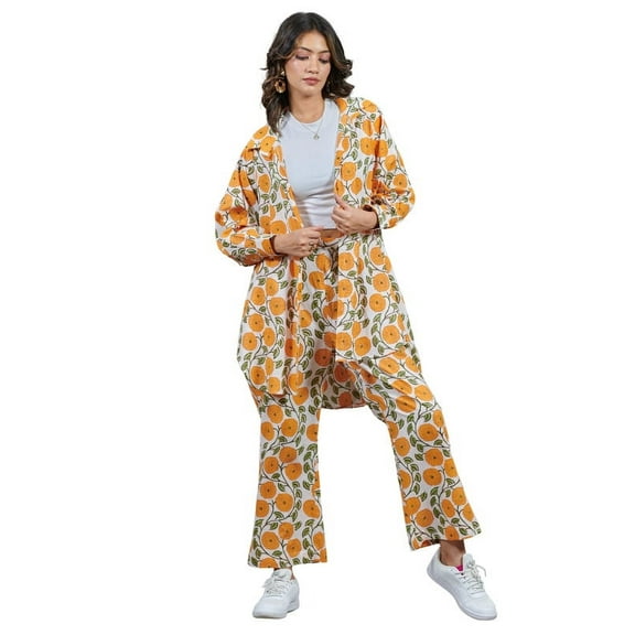 Women's Floral Print Oversized Shirt and Wide-Leg Trousers Set - Orange and White