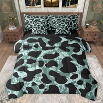 jejeloiu Leopard Cheetah Print 7pcs Bedding Comforter Set,Jungle Animal Queen Bedding Sets,Blue Black Queen Sheet Sets For Kids,Luxury Bedroom Decor Reversible