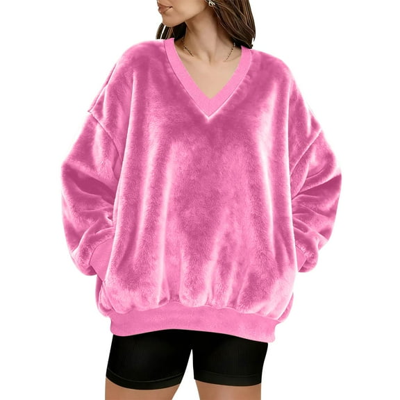 WULMLEO Women V Neck Fuzzy Fleece Pullover Sweatshirt - Oversized Long Sleeve with Pockets Cozy Fall Winter Casual Wear Hot Pink 2XL