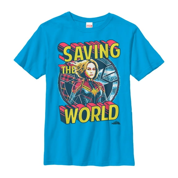 Boy's Marvel Captain Marvel Saving the World  Graphic Tee Turquoise X Large