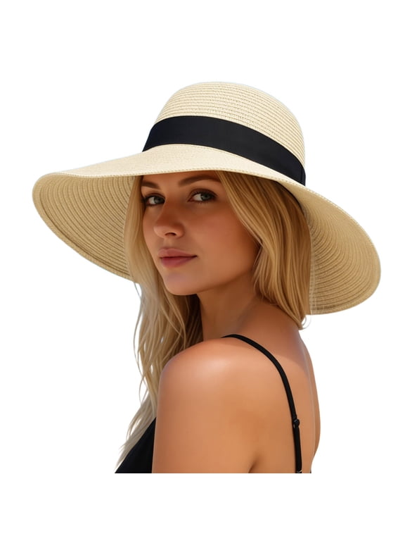 Sun Beach Hats for Women,Wide Brim Straw Hats Womens with Chin Strap, Foldable Woven Sun Hat UV Protection