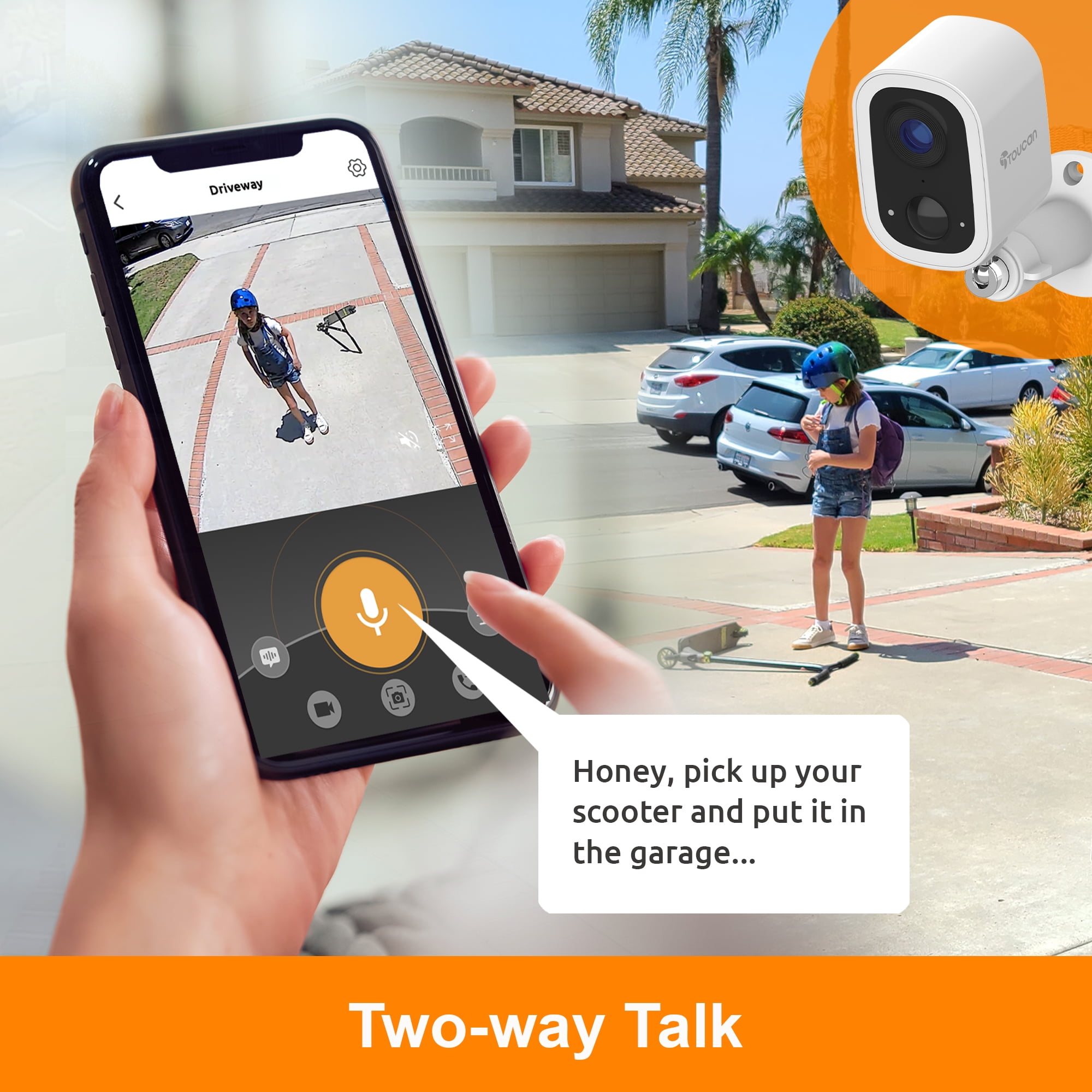 Toucan Wireless Security Camera S4 2-Pack, 2K Video, No Monthly Fees, Weatherproof, 2.4 GHz Wi-Fi, Rechargeable, Smart PIR Motion Sensor, Auto Greetings, two-way talk
