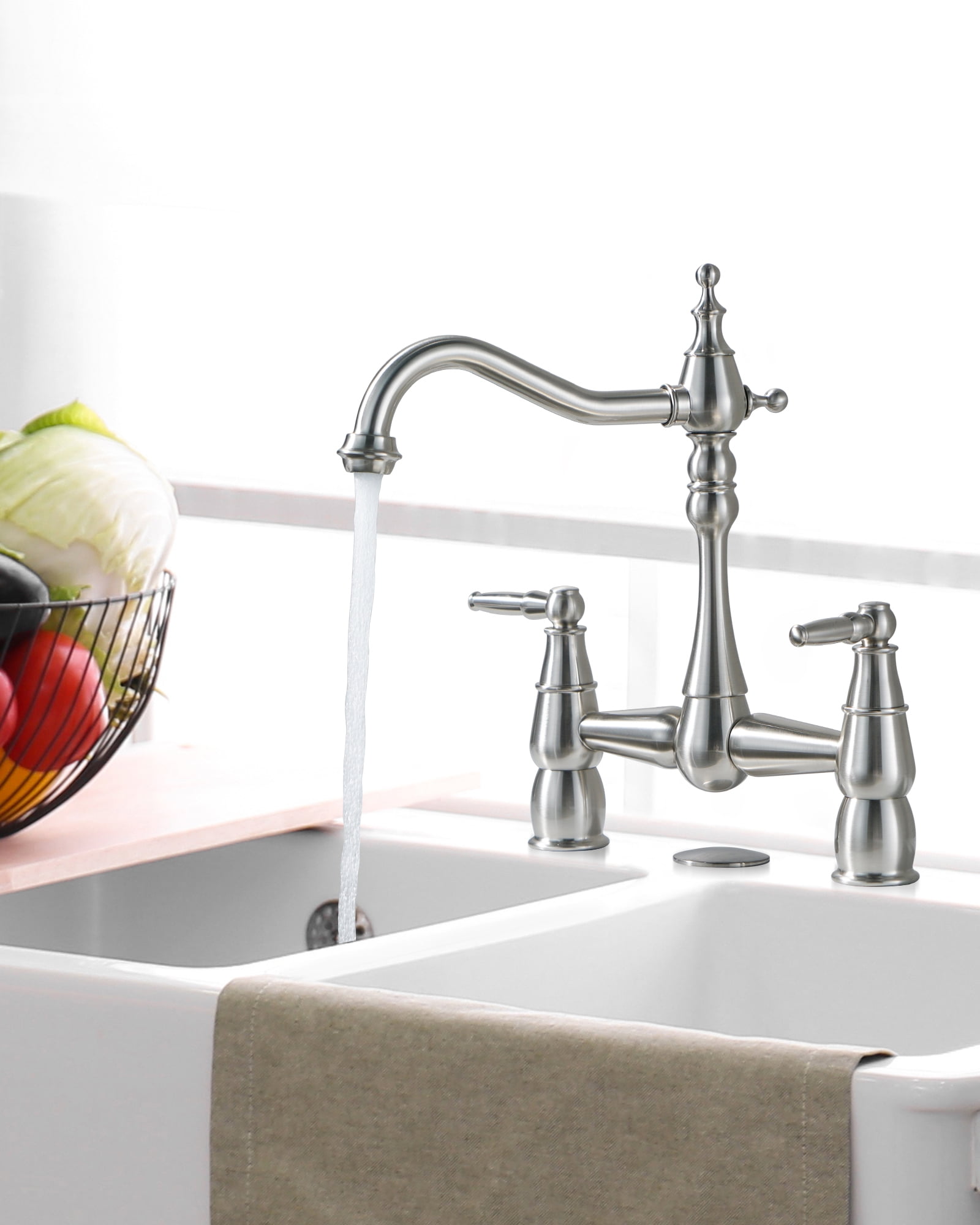 Wowow Brass Bridge Centerset Kitchen Faucet for Sink, 2 Handle 2 Hole 360 Degree Swivel Faucets for Vintage Farmhouse, Brushed Nickel