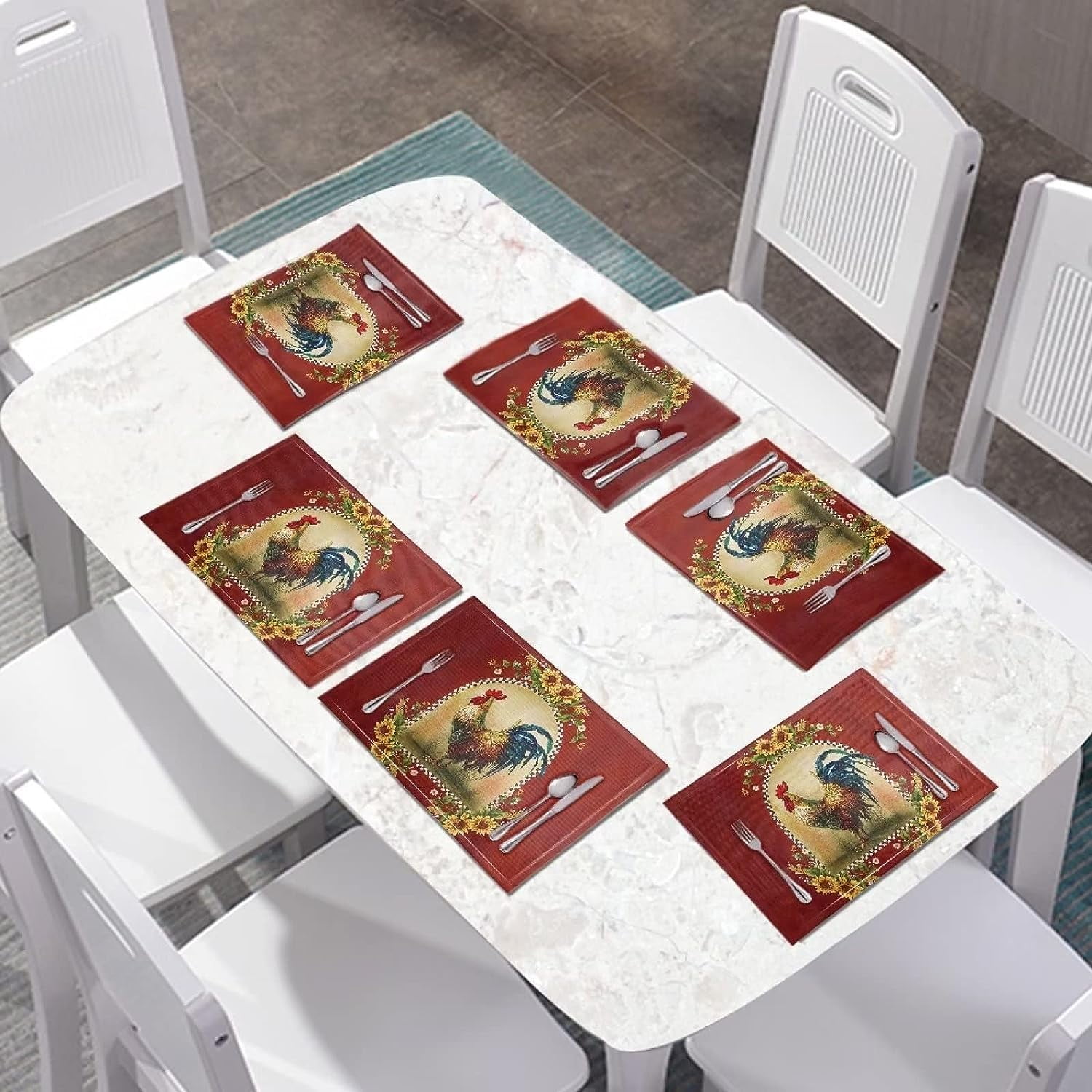 Placemat linen Weave Table Mats Set of 4, Durable Scratch Resistant Waterproof Dining Table Place Mats for Kids Heat Stain Resistant Placemats, Chicken Sunflower Red