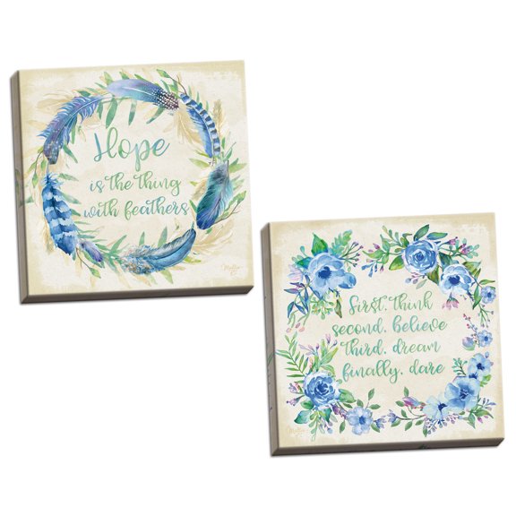 Gango Home Decor Contemporary Think, Believe, Dream, Dare & Hope is the Thing with Feathers by Mollie B. (Ready to Hang); Two 12x12in Hand-Stretched Canvases