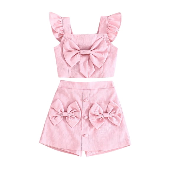 Odeerbi 1-6 Años Conjunto de Verano Para Niñas Camisola de Algodón Con Lazo Y Volantes Conjunto de Dos Piezas Con Lazo Y Sin Mangas Conjunto de Dos Piezas Lazo Sin Mangas