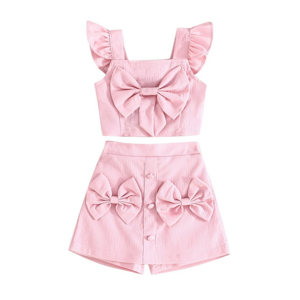 Odeerbi 1-6 Años Conjunto de Verano Para Niñas Camisola de Algodón Con Lazo Y Volantes Conjunto de Dos Piezas Con Lazo Y Sin Mangas Conjunto de Dos Piezas Lazo Sin Mangas