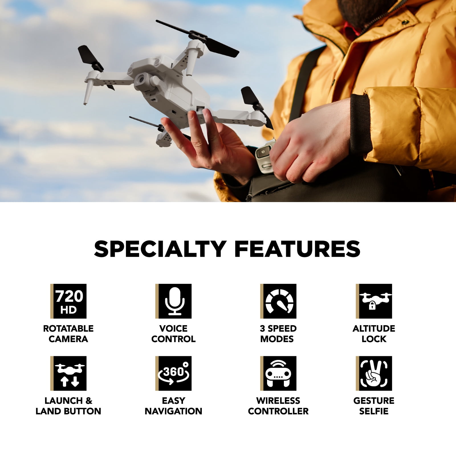 Vivitar SkyHornet Foldable RC Drone with 720p HD Camera, WiFi FPV Live Video, 3 Speed Modes, Auto Takeoff & Landing, 11 minutes Flight Time, Remote Control Quadcopter Toy for Kids & Beginners, White