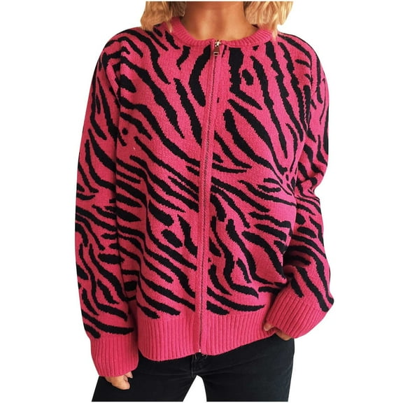 CheerKidz Women Round Neck Long Sleeve Printed Sweater Zipper Cardigan Jacket Casual Soft Warm Fashionable Loose Fit Lightweight Everyday Wear Outerwear Pullover Knit Top(Hot Pink,S)