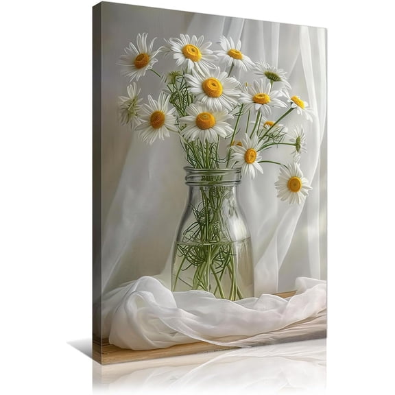 White Daisy Canvas Wall Art Modern Gallery Decor Print Elegant Chic Artwork Ready to Hang for Kitchen and Bedroom Decor 12x16in