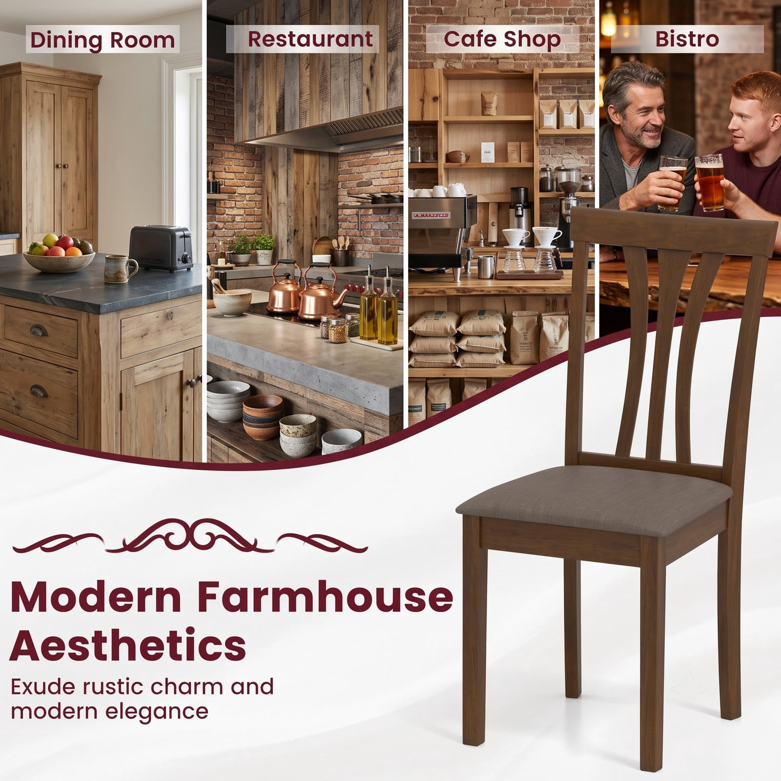 Furnibear Wooden Dining Chairs Set of 2, Linen Fabric Upholstered Kitchen Side Chairs with Rubber Wood Frame, Ergonomic Slatted Backrest, Padded Seat for Dining, Brown