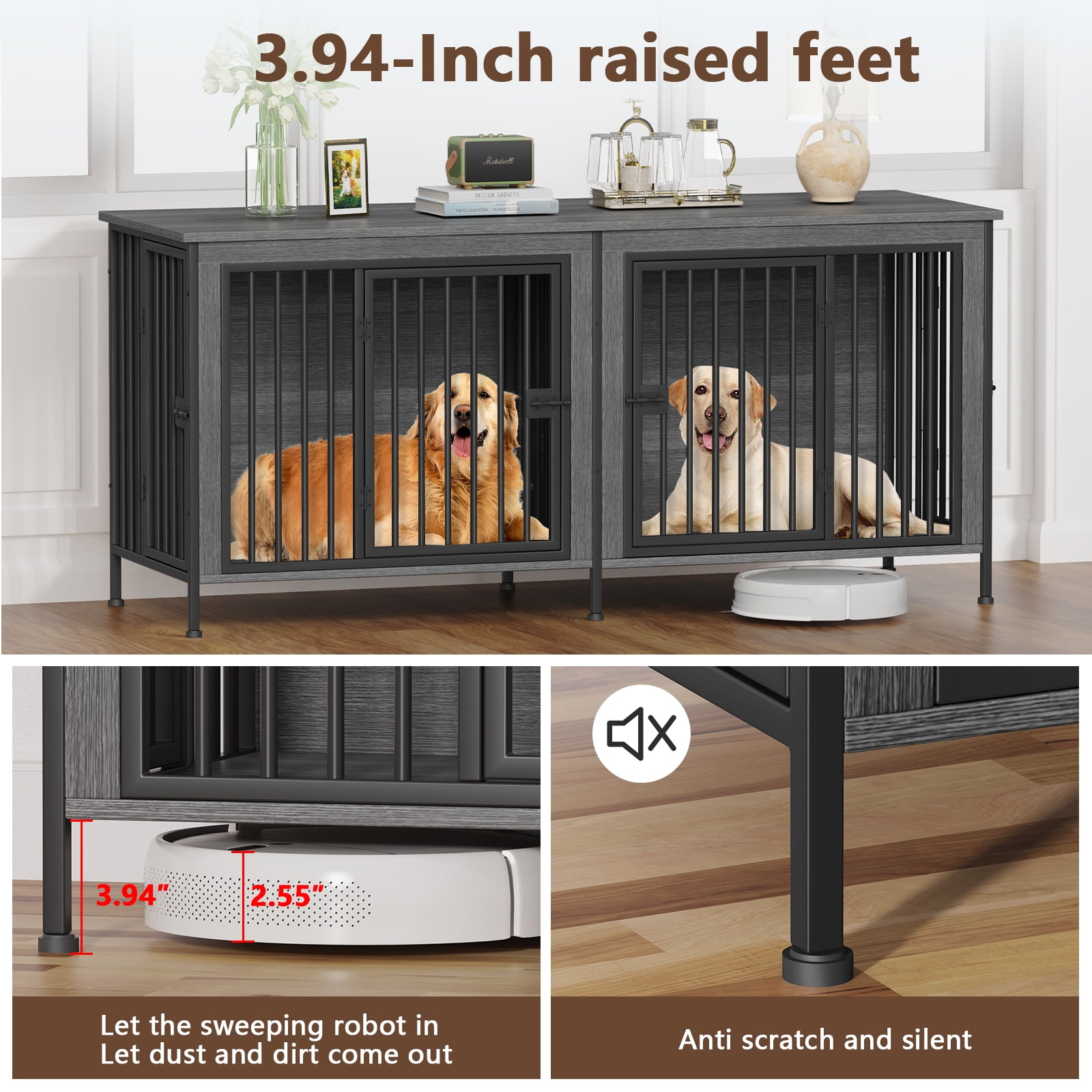 EasyCom 78" Dog Cage Furniture for 2 Dogs,Extra Large Double Dog Crate Furniture Large Breed,Wooden Dog Kennel Furniture TV Stand,Dark Gray