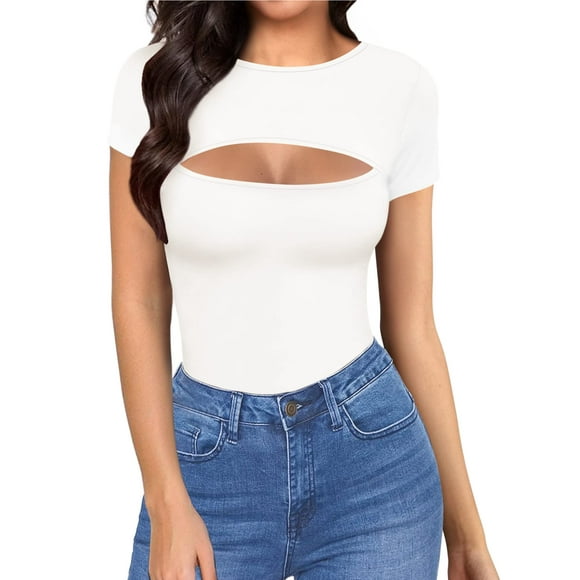 Algalaround Women'S Cutout Tops Basic Long Sleeve/Short Sleeve Round Neck Slim Fit T-Shirts (B Short Sleeve White Small)