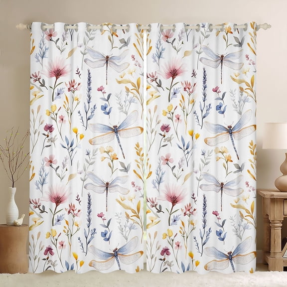 Erosebridal Spring Garden Flower Black Out Curtains, Girls Floral Dragonfly Curtains Pack of 2 (42x63 Each)