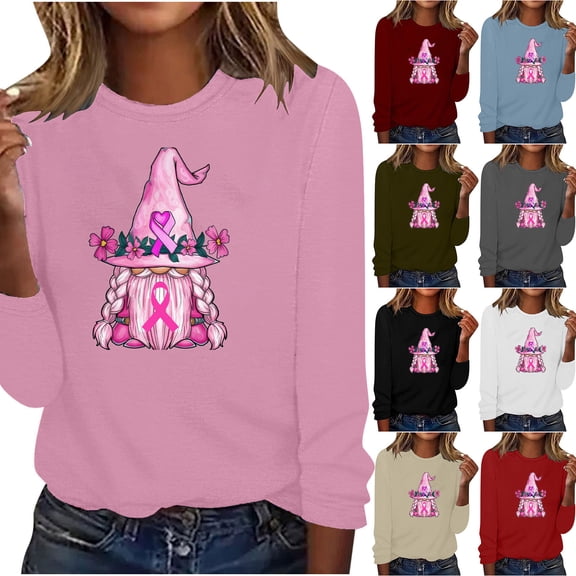 Yxbdin Womens Breast Cancer Awareness Shirts Funny Pink Ribbon Graphic Tees Crewneck Long Sleeve Fashion Tops Cancer Fighter Tshirts