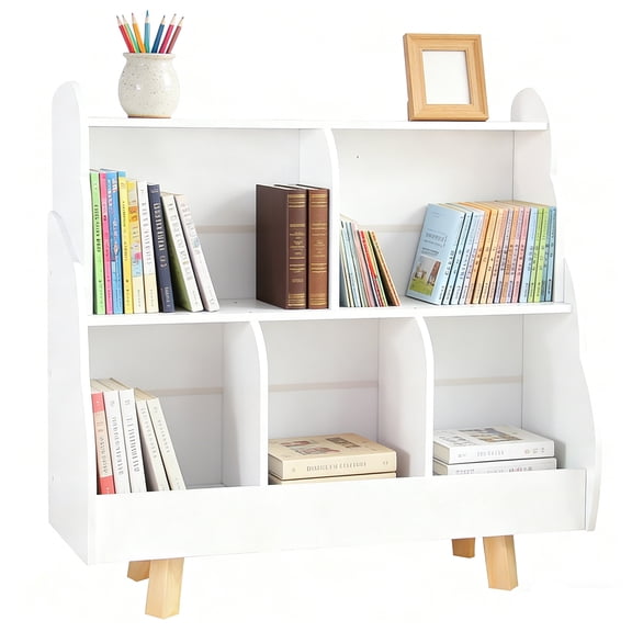 Kids Bookshelf Toy Organizer Children Bookcase 3 - Tier White Wave Shaped Wooden Nursery Shelf with Solid Wood Legs Anti Tip Hardware for Kids Room Nursery Playroom