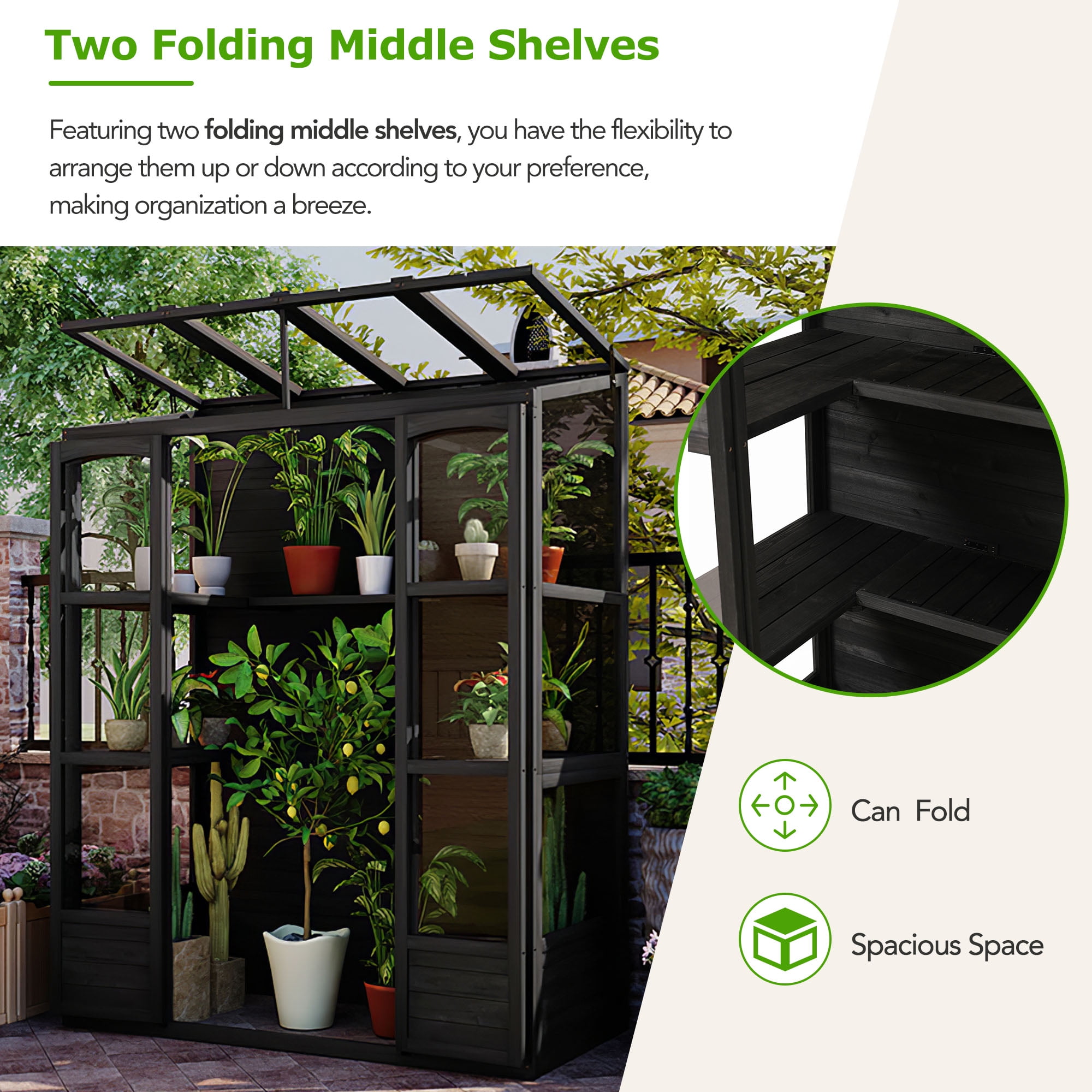 Mintazer 78" Walk-In Greenhouse, Outdoor Plant Gardening Greenhouse with 4 Independent Skylights & 2 Folding Middle Shelves, White