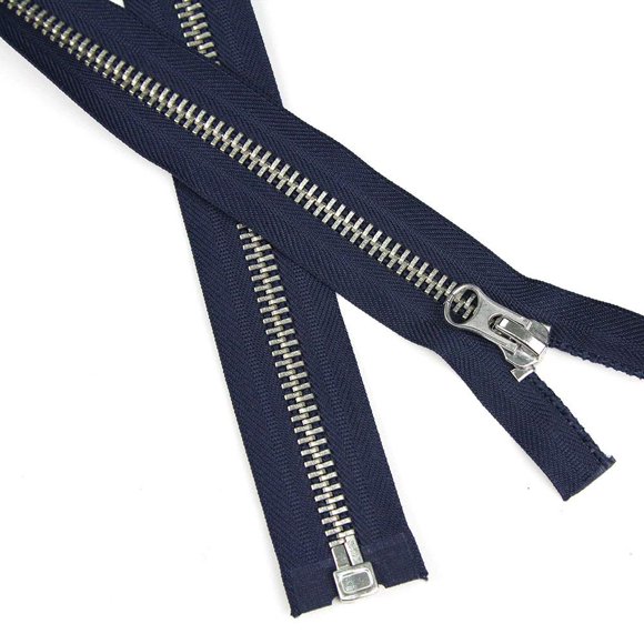 26" Length #10 Open End Zippers with Silver Metal Teeth, Navy Blue, Bias Bespoke Brand