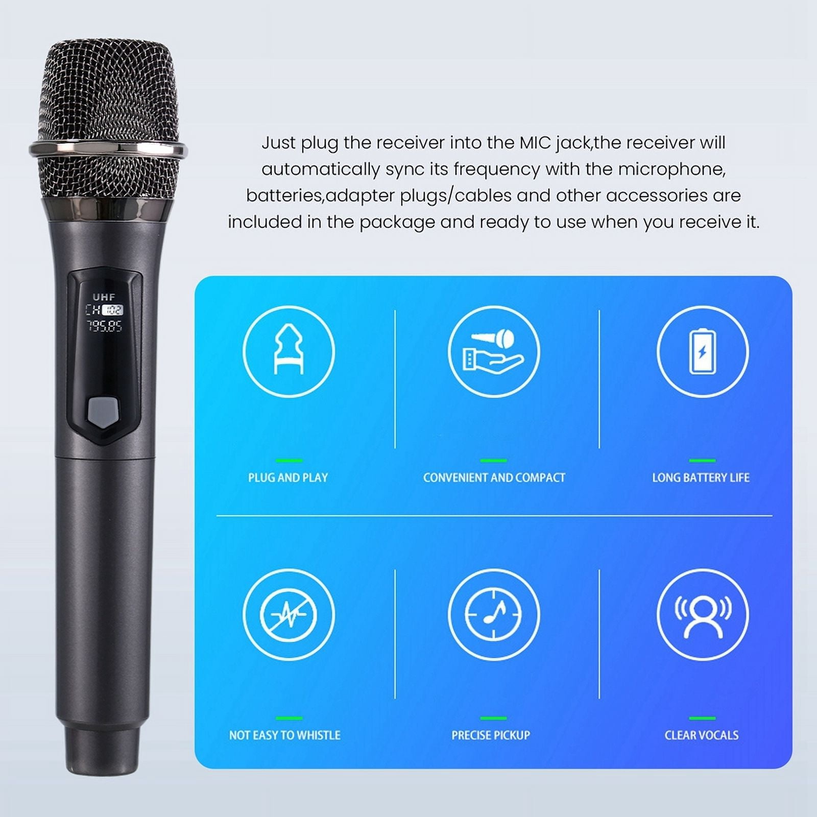 Wireless One-to-Two Home Microphone 6.35 Interface Professional Handheld Microphone for KTV Performance Stage Gray