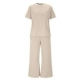 thumbnail image 4 of Women Solid Two Piece Sets, Summer Loungewear Vacation Travel Outfits Short Sleeve V Neck T-Shirt Wide Leg Pants Suits Summer Outfits for Lady Beige M, 4 of 9