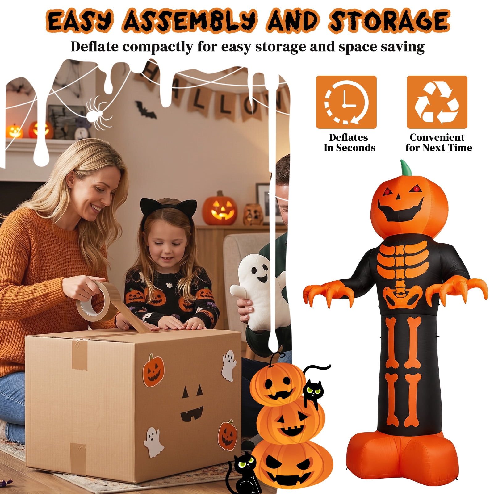 12ft Inflatable Halloween Decor with Skeleton Ribs, Pumpkin & Grim Reaper, 3 LED Lights + 115 Count String Lights, Black & Orange, 12V 2000mA US Power Adapter