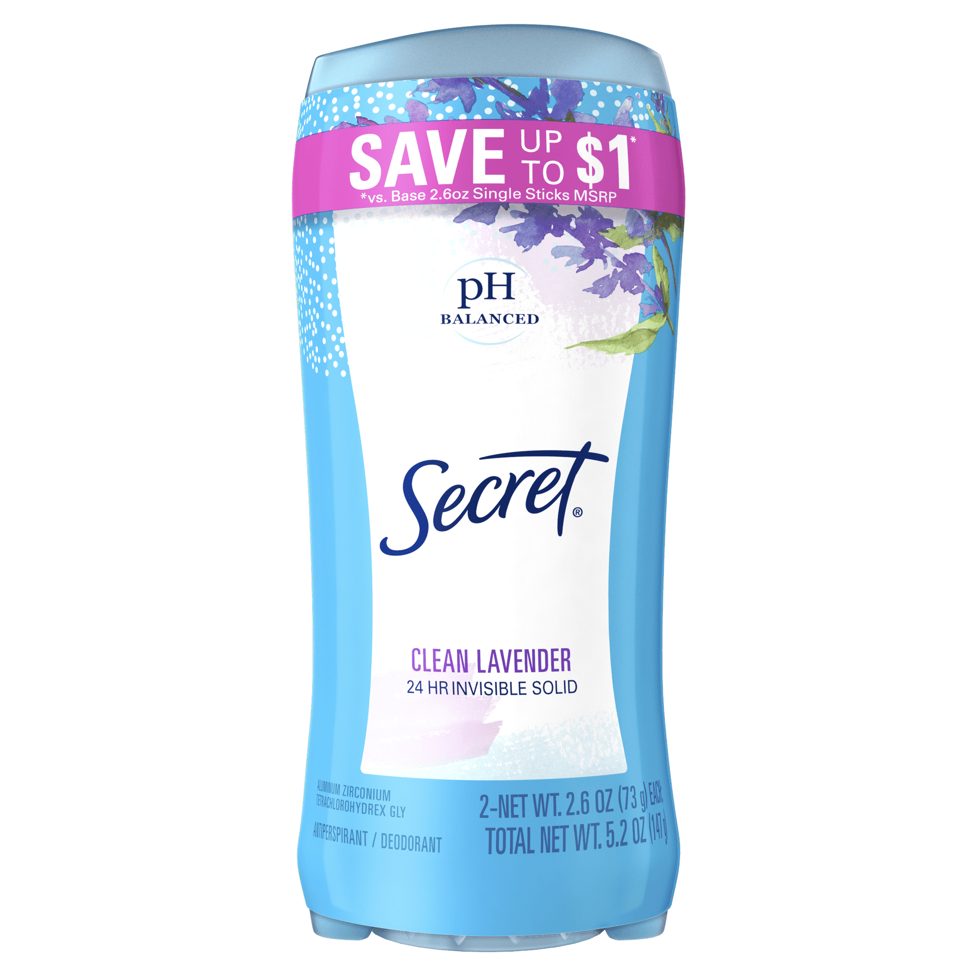Secret Invisible Solid Antiperspirant and Deodorant, Clean Lavender Scent, (4 Pack of Twin Pack, 2.6 oz)