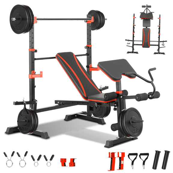 PUATUL 8 in 1 Olympic Weight Bench Set with Leg Extension and Leg Curl, Multi-Function Bench Press Set with Preacher Curl Pad and Squat Rack, Full-Body Strength Training Equipment