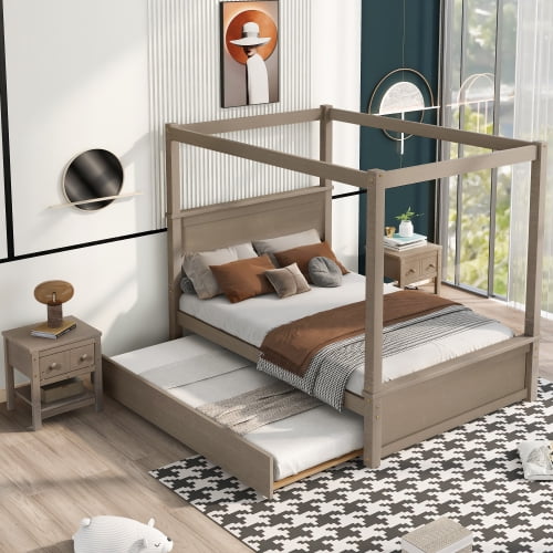 Full Size Canopy Bed with Trundle Bed, Solid Wood Full Platform Bed