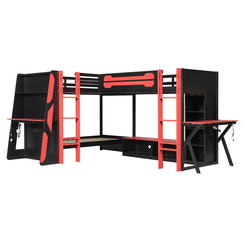L-Shaped Twin Size Gaming Bunk Bed with RGB LED Lights, 3 Twin Beds, USB Ports, TV Stand & Storage Shelves, Reversible Wooden Bunk Bed Frame for Teens & Adults