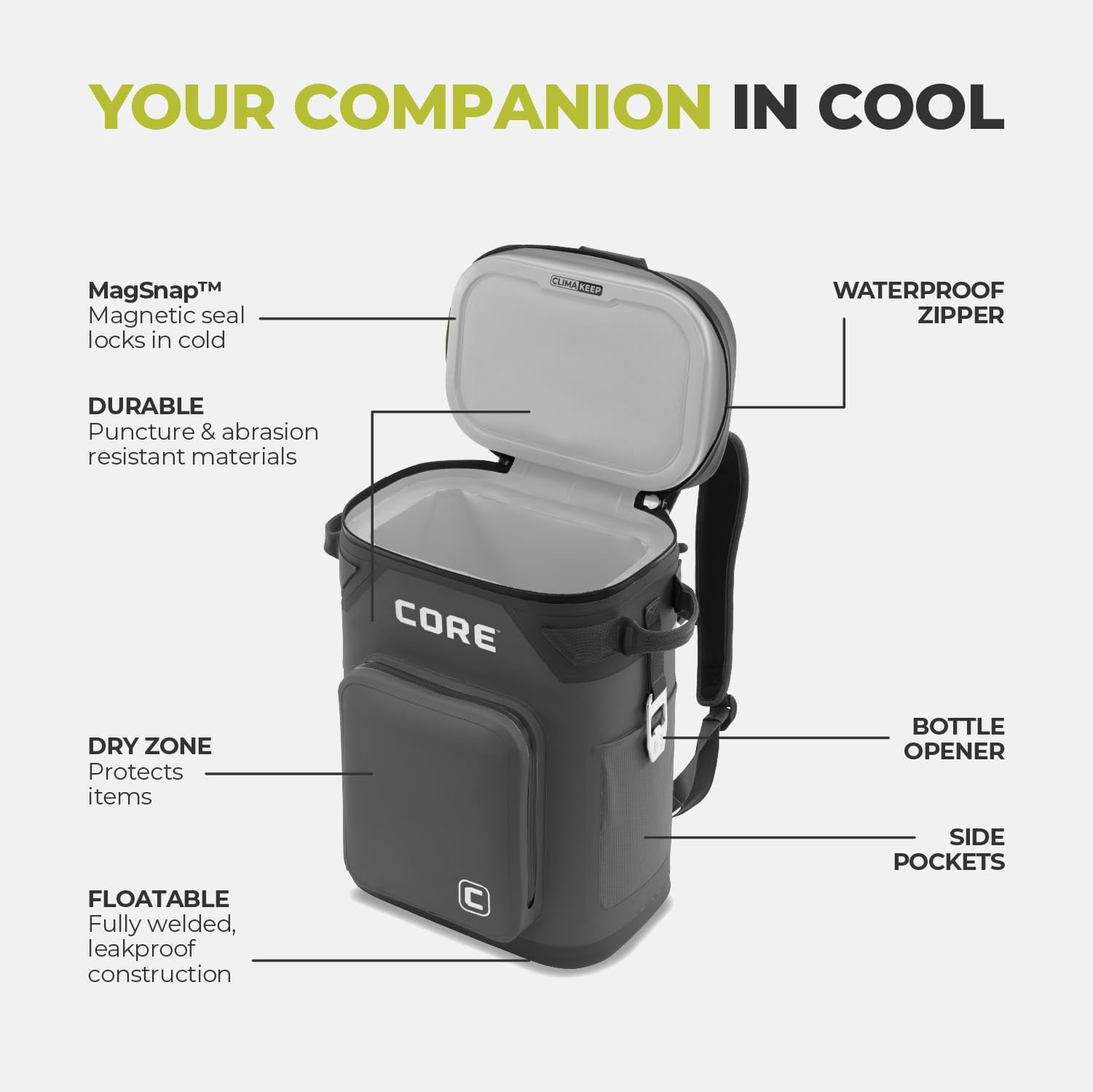 CORE 24 Can Climakeep Magnetic Soft Cooler, Leakproof Cooler, Waterproof Zipper, Charcoal