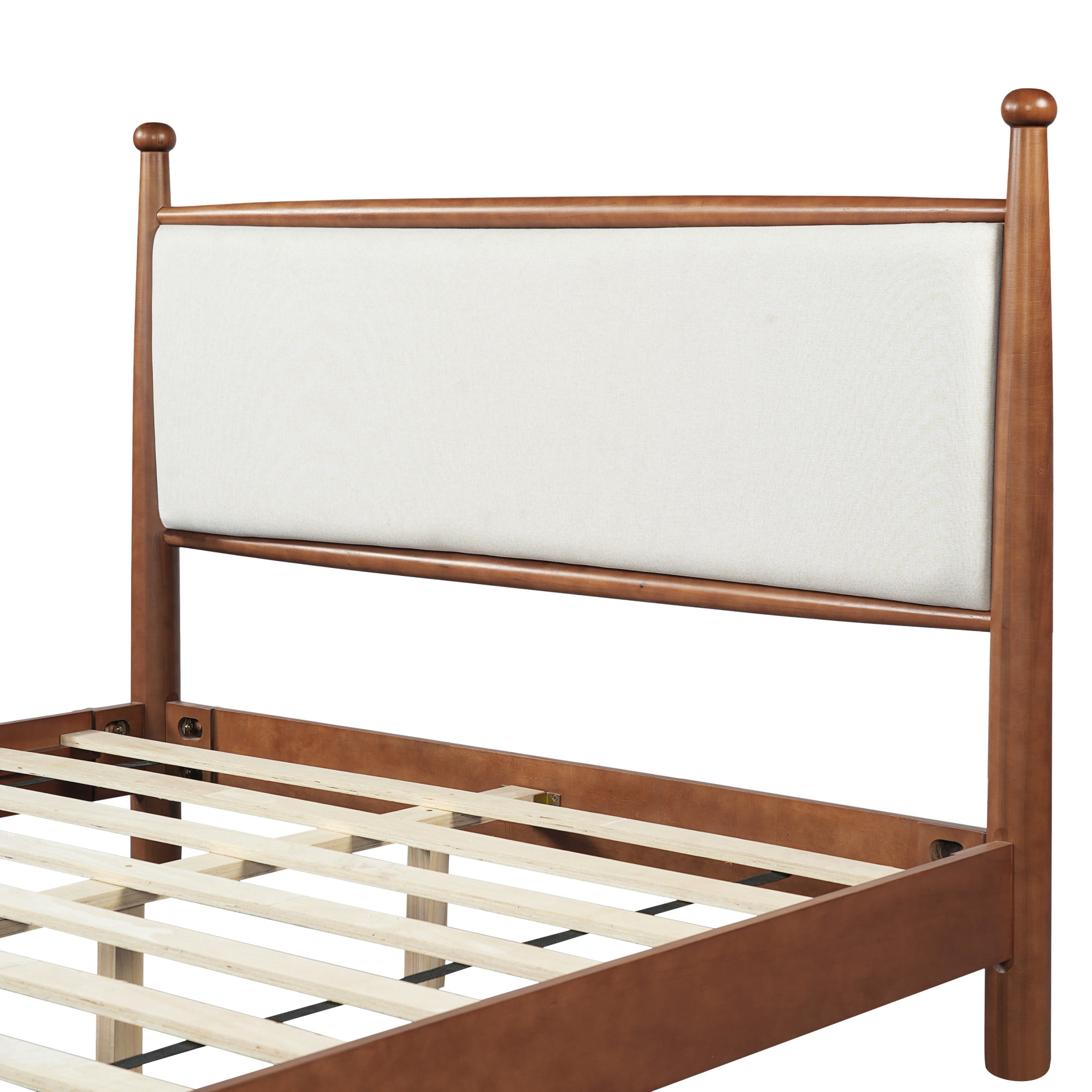 Christopher Knight Home Queen Size Traditional Bed Frame with Upholstered Headboard, Walnut+Beige