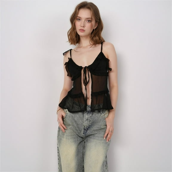 SNKSDGM Female Long Tank Tops for Women Square Neck Womens Tank Tops Dressy Casual Printed Women's Fashion Sleeveless Layered Ruffle Tie Strap Camisole Top Summer Casual Semi Transparent Blouse Tan L