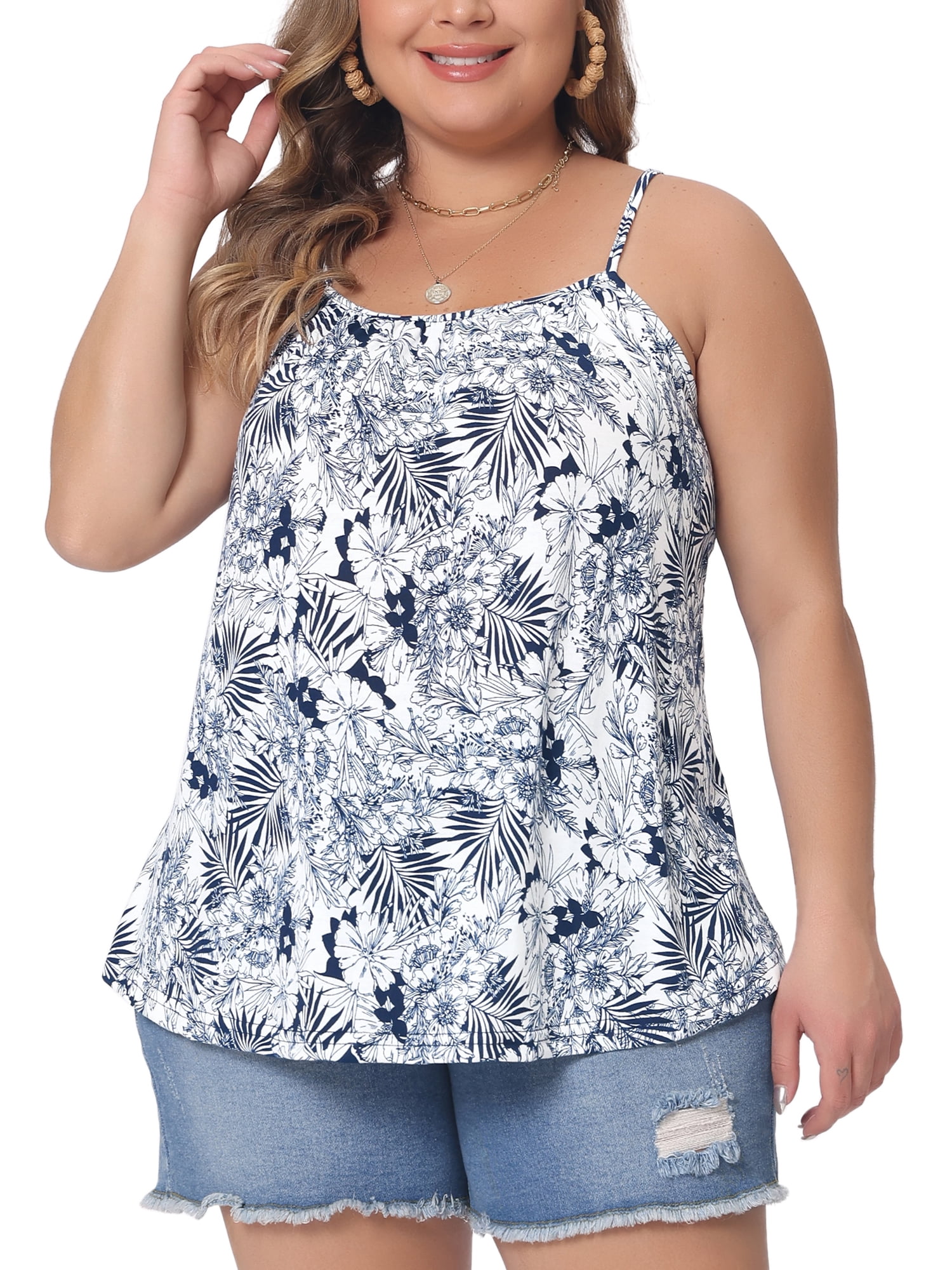 DARING DIVA Women's Plus Boho Floral Loose Spaghetti Strap Cami Top 2X Navy Blue
