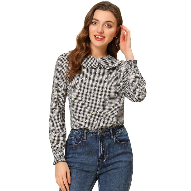 Blusa Cuello Manga Larga Volantes Parte Superior Negro T XL