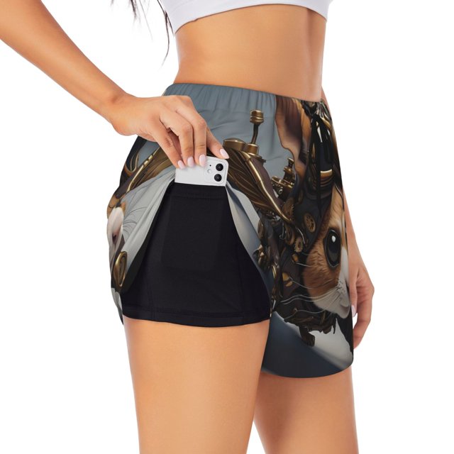 Balery Steampunk Squirrel Pilot Pantalones cortos deportivos para mujer con forro y dos bolsillos, elásticos, para entrenamiento, gimnasio, yoga-Small