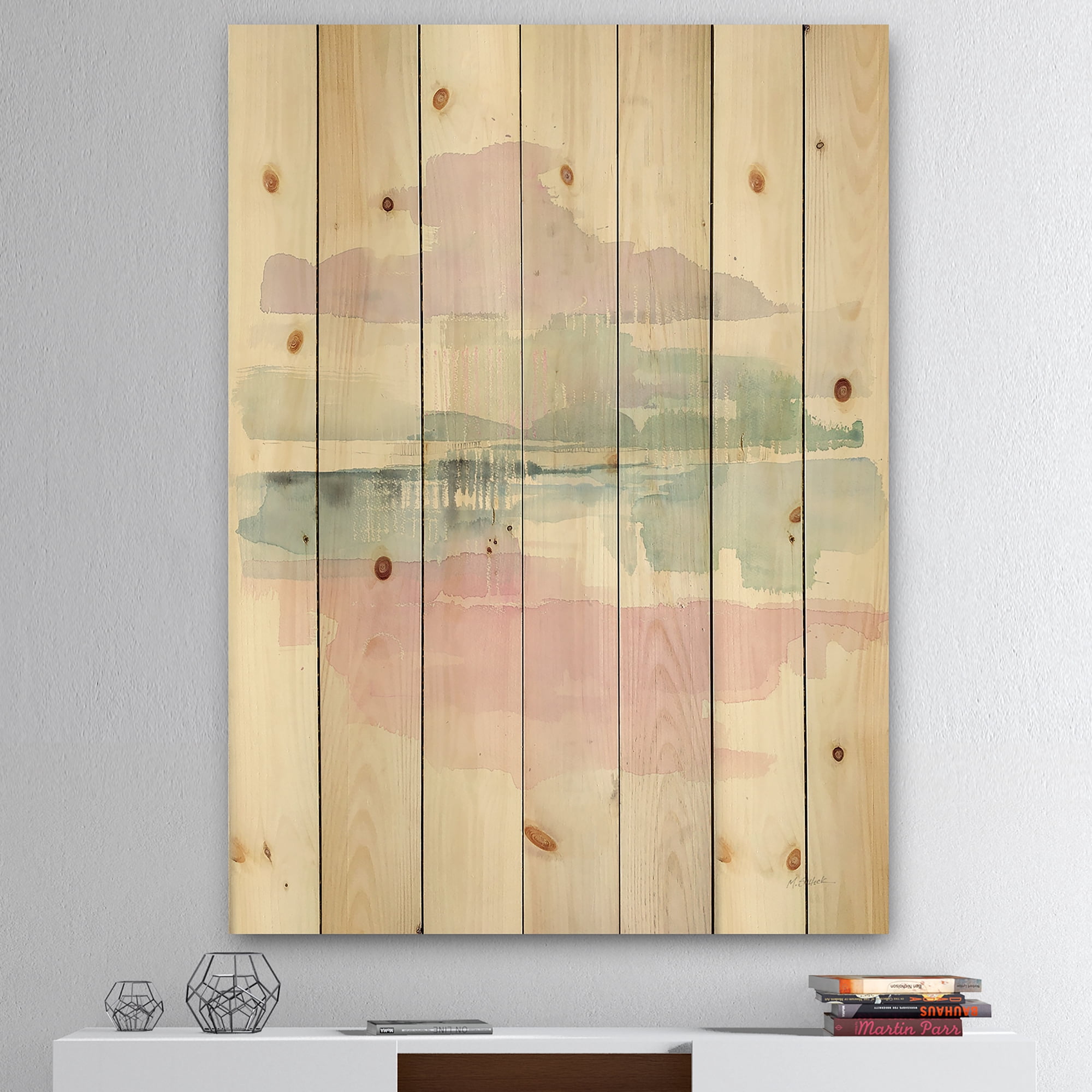 Designart 'Lifting Pink Fog' Shabby Chic Print on Natural Pine Wood